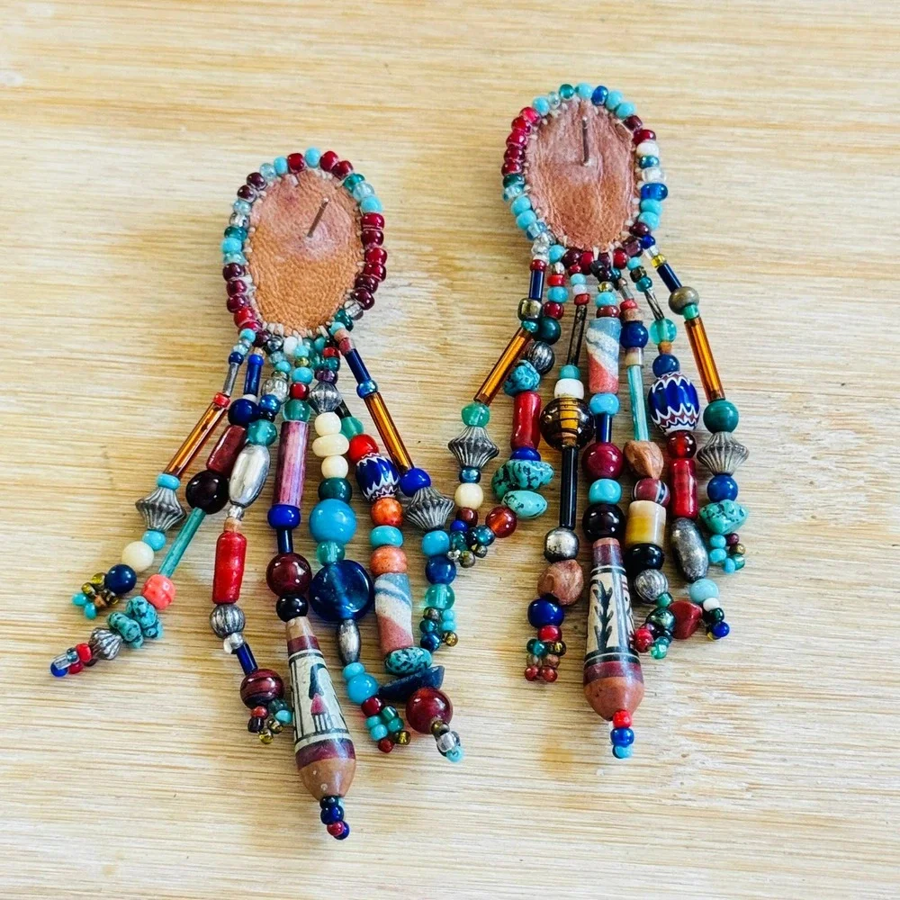 VTG BOHO Earrings Glass Agate Beaded Dangle Statement Waterfall Pierced Runway